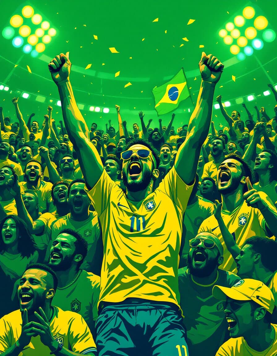 Torcida brasileira em pop art vestindo verde e amarelo
